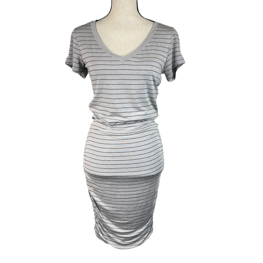 PrAna Small Foundation T-Shirt Blouson Dress Striped Stretch V-Neck Ruched Gray
